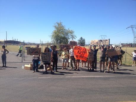 Protesters gathered outside the facility to voice their opposition to Seneca Jones' dirty practices.