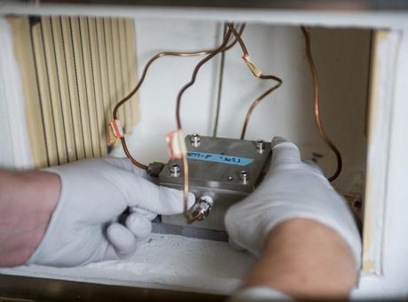 This close-up photograph shows the prototype reactor module used to fabricate hollow-fiber metal-organic framework (MOF) membranes at Georgia Tech using the interfacial microfluidic technique