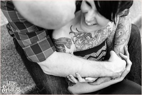 Tattooed couple engagement shoot at Hyde Park Pcire House