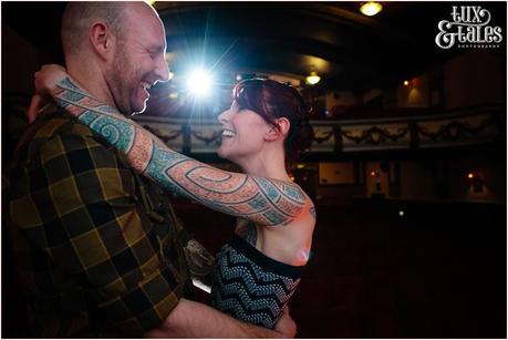 Engagement photos taken at Hyde Park Picture House with Tattooed Couple