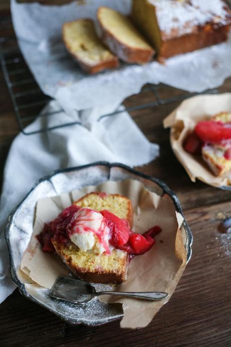 Vanilla Bean Pound Cake with Rhubarb and Pear Compote