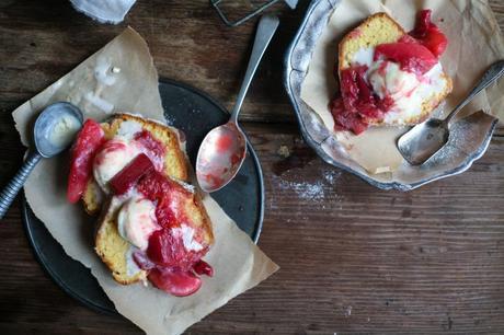 Vanilla Bean Pound Cake with Rhubarb and Pear Compote