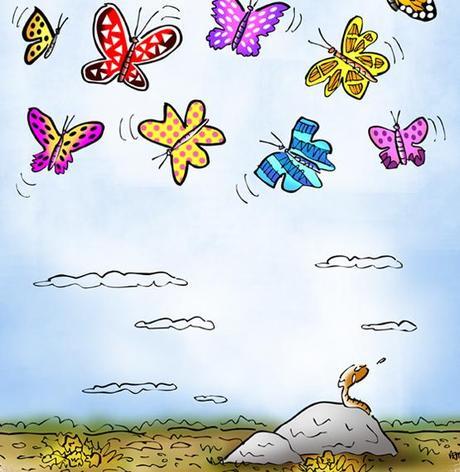 detail image of little worm on rock gazing up with envy at beautiful butterflies hovering and soaring in the sky above him