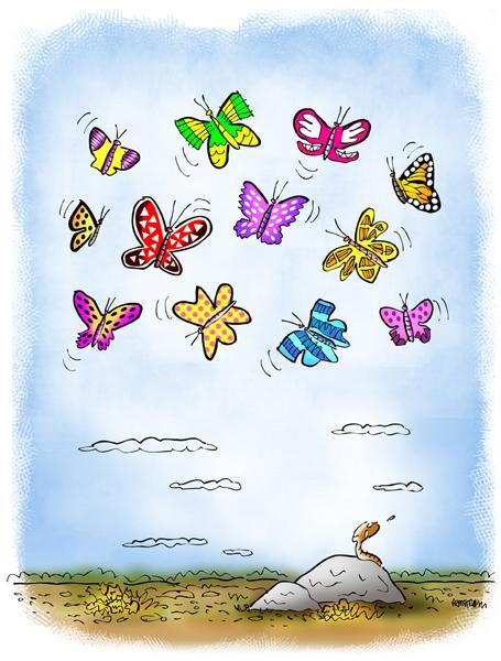 Little worm on rock gazing up with envy at beautiful butterflies hovering and soaring in the sky above him