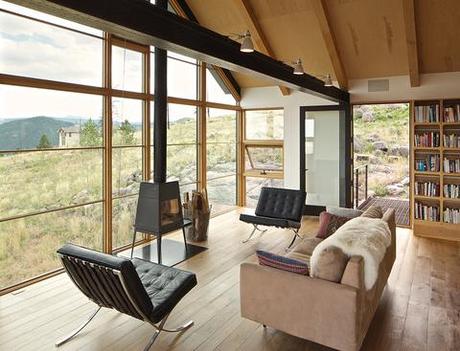 modern fire resistant green boulder living area barcelona chairs shaker stove crate bookshelves