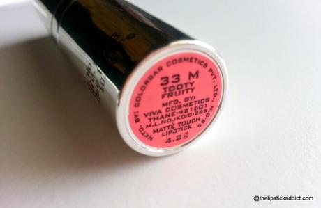 Swatches and Review:: ColorBar Matte Touch Lipstick in Tooty Fruity