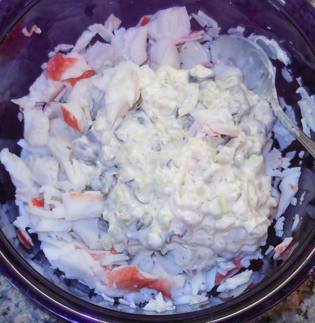 Next, I transferred the mayo/veggie mixture to the bowl containing the imitation crab and gently stirred to combine.