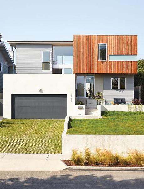 California house facade with rectangular forms and wood siding