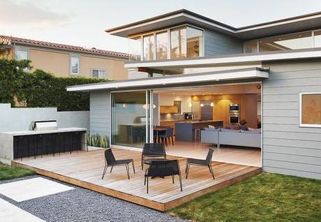 California backyard wooden deck and concrete bar and sliding glass door