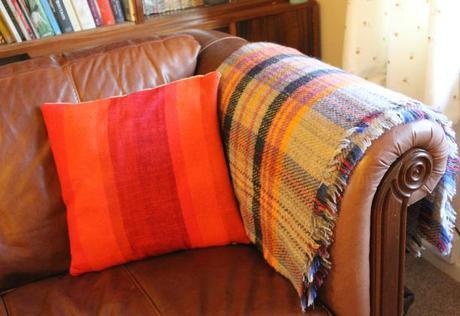 Orange Tweed Mill Blanket Knitted Wool Throw Tartan grey sofa retro dralon cushion 60s 70s