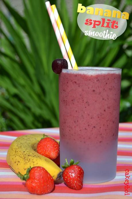 bananas, strawberries, cherries, almond milk, smoothie