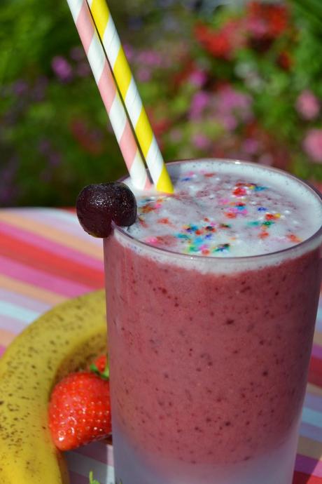 bananas, strawberries, cherries, almond milk, smoothie