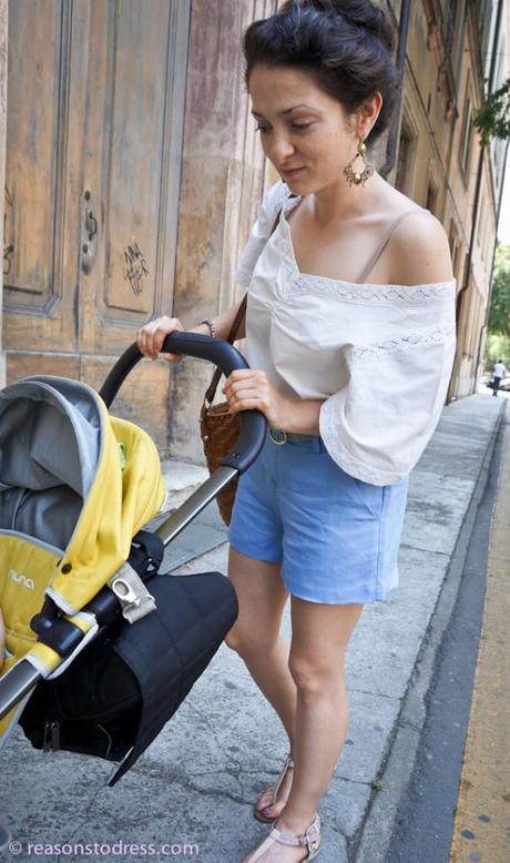 outfits for moms, fashion advice for moms, mom fashion, mom trends,momstyle,mom style,#momstyle,#momtrends, fashion for moms, outfit of the day,fblogger, fashion blogger,#fblogger,#lblogger, lifestyle blogger, expat blogger,#expat,#expat bloger, expat fashion, mom fashion in europe, european fashion trends, sandals, sandal trends,yellow,#yellow,yellow nails,italy, vacation in italy, how to dress in italy, how to dress on vacation in italy, what is a passeggiata, skinny pants, skinny pants for moms, what i wore, what I wore today,#wiw,#wiwt,how to, how to wear, thong sandals, mom and son fashion, toddler, toddler fashion, boho, boho chic, bohemian style,giveaway,earrings,blogger giveaway, jewellery giveaway, peasant top, crop top, wicker bag, woven bag, linen shorts, how to style linen shorts, top bun