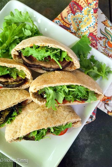 Roasted Eggplant Parmesan Pita Pocket Sandwiches with Portobello Mushrooms