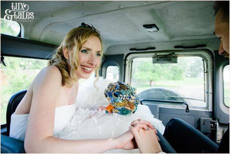 Bride and groom in Jeep at Yorkshire Sculpture Park