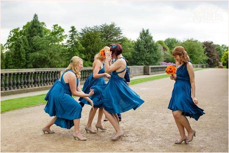 Bridesmaids twirl dresses at Yorkshire Sculpture Park