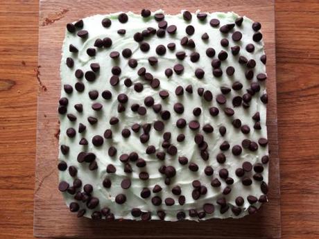 mint chocolate chip tray bake ready to be cut into squares easy dessert recipe