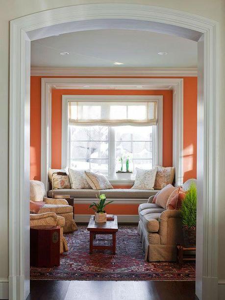 We'd love to relax with our favorite book in this calming nook! See more pretty rooms: http://www.bhg.com/home-improvement/remodeling/architectural-details/home-design-ideas-distinctive-ceilings/?socsrc=bhgpin022713orangewindowseat=10