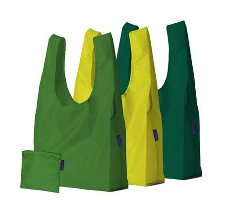 Set of three reusable nylon tote bags in shades of green