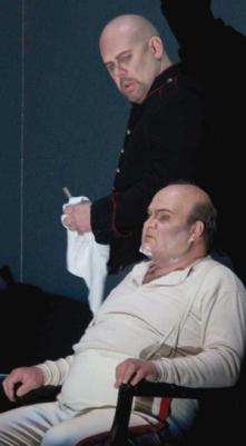 Wozzeck (Alan Held) shaves the Captain (Gerhard Siegel)