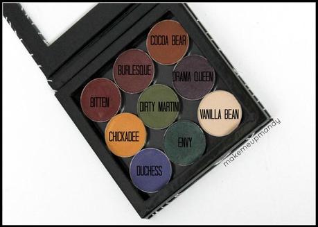 Make Up Geek Eyeshadows Swatches Bitten Burlesque Cocoa Bear Chickadee Dirty Martini Drama Queen Duchess Envy Vanilla Bean