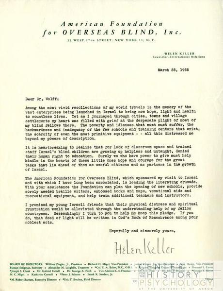 Wolff placed this 1955 letter from Helen Keller in a folder titled, “Handwriting”.  One of Wolff’s main areas of study was how handwriting and signature relate to one’s personality. Box M4857, Folder 4.