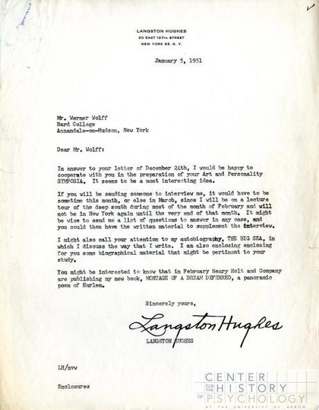 A letter from Langston Hughes to Wolff, 1951. Box M4869, Folder 4.