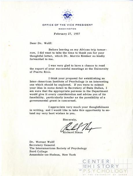 Letter from Vice President Richard Nixon responding to Wolff’s proposal for an Inter-American Institute of Psychology, 1957. Box M4898, Folder 2.
