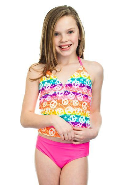 EVEN THE YOUNG GIRLS CAN GET IN ON THE SUMMER SWIMWEAR FUN THANKS TO SWIMSUITS LIKE THIS BREAKING WAVES PEACE SIGN GIRL'S TANKINI