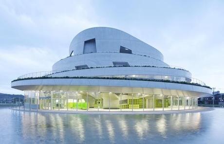 Floating cultural center on a body of water in Japan 