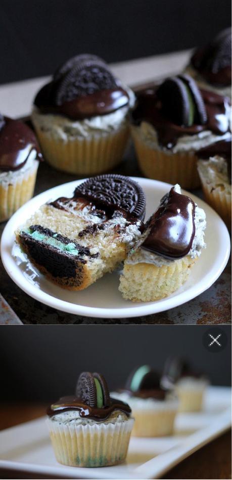 Mint Cookies & Cream Cupcakes | A vanilla cupcake with a Mint Oreo at the bottom, Mint Oreo buttercream, & chocolate ganache. #Recipe from Bakerita.com