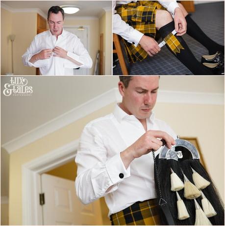 York Minster Wedding photography groom prepares kilt