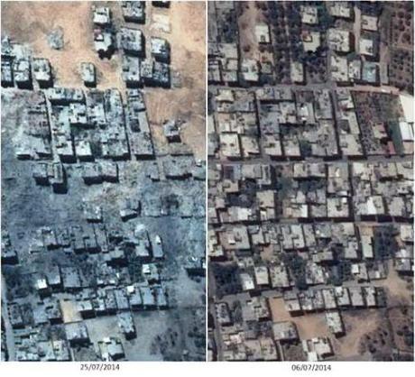 Shujaiya neighborhood in Gaza, before and after. Good Lord, that looks like the photos of German cities after US bombing raids. That does not look good at all. Looks like a catastrophe.