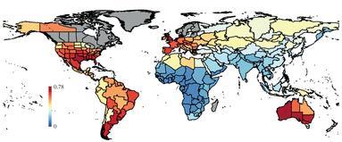 The rate at which megafauna went extinct around the world, with the darkness of the red meaning more exinction