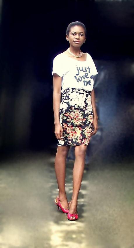 Statement Tee and Dark Floral Skirt.