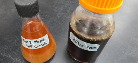 At left, a mixture of maple wood and tetrahydrofuran (THF). On, the result after that have been mixed and reacted.