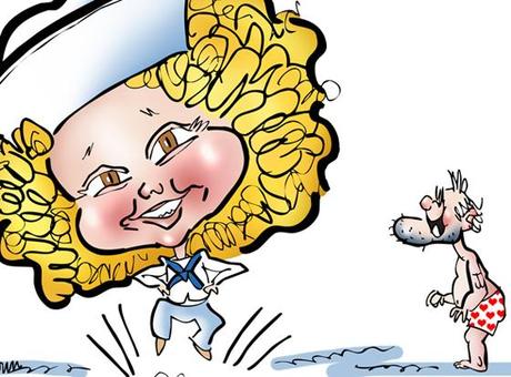 detail image of caricature of movie child star Shirley Temple tap dancing in sailor cap and sailor suit Captain January cartoon character resembling Popeye watching in his underwear next to paper doll sailor clothes