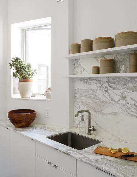 Modern Brooklyn apartment kitchen with Borghini marble countertop and backsplash