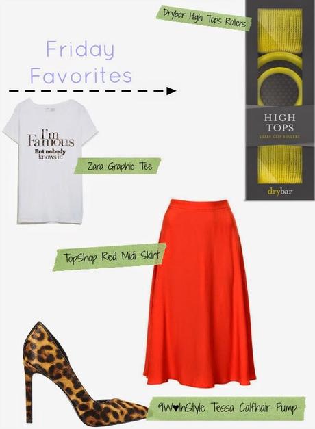 Friday Favorites, Friday Faves, Boston, Boston Blogger, Boston Fashion Blog, Boston Fashion, Shopping, online shopping, Drybar High Tops Hair Rollers, Zara Graphic Tee, Zara I'm Famous But Nobody Knows It, TopShop Midi Skirt, Nine West Loves InStyle, Leopard Print Pumps, How To Wear a Midi Skirt