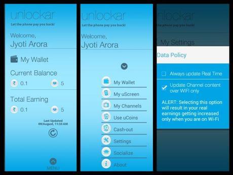 Menu and setting options of uScree , lock screen replacement app