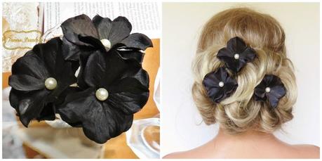<Set of 3 Black and Pearl Hair Flowers by FancieStrands on Etsy alt=