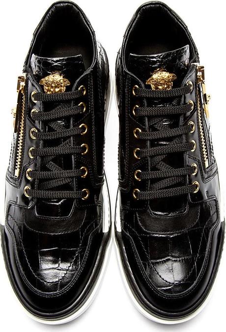 Luxe Run:  Versace Black Croc-Embossed Leather Sneakers
