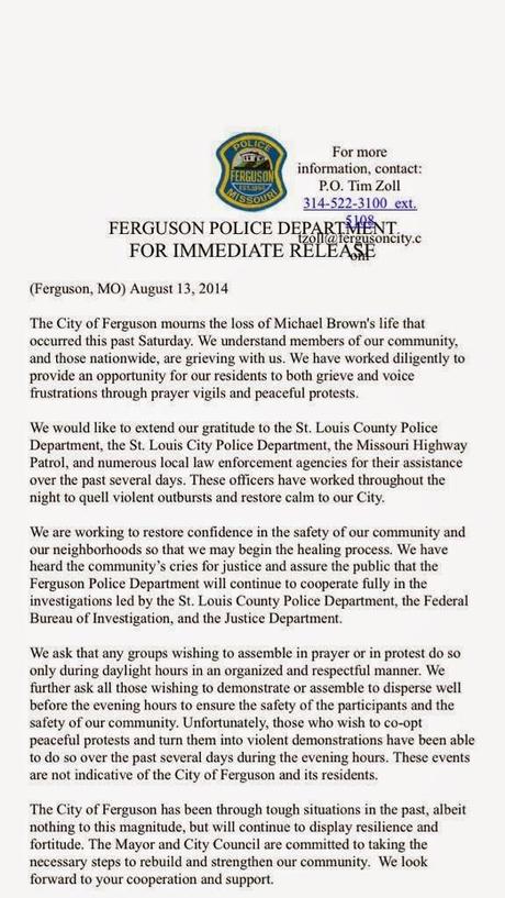 Ferguson, Missouri Police Release Official Statement: Michael Brown