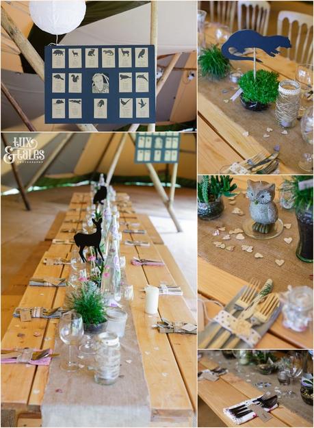 Woodland themed wedding details with rabbits owls succulents and wood at Altrincham wedding Tux & Tales Photography