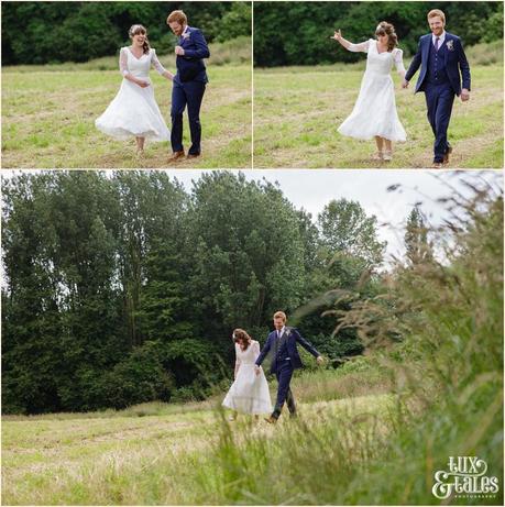 Bride and groom in an althrincham field. Tux & Tales Photography relaxed and natural photos 