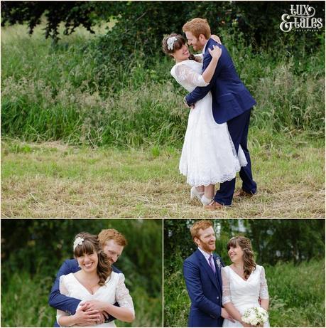 Bride and groom in an althrincham field. Tux & Tales Photography relaxed and natural photos 