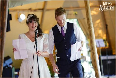 Bride & groom speech at tipi wedding in Altrincham Tux & Tales Photography 