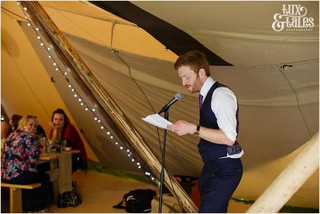 groom speech at tipi wedding in Altrincham Tux & Tales Photography 