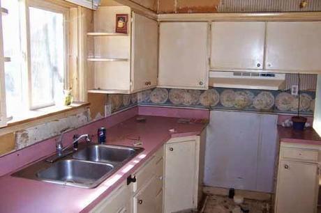 Before and After Kitchen Remodel - Tips on Making a Small Kitchen Appear Larger before yucky pink blue kitchen remodel