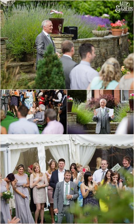 Woodlands B&B Wedding photographer outdoor speeches by marquee